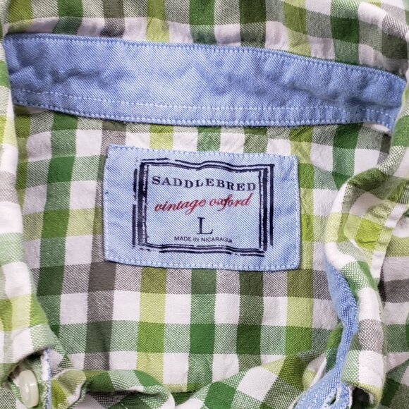 Button Down Checked Green Long Sleeve Plaid Saddlebred Vintage Oxford Mens Sz L - Picture 3 of 5